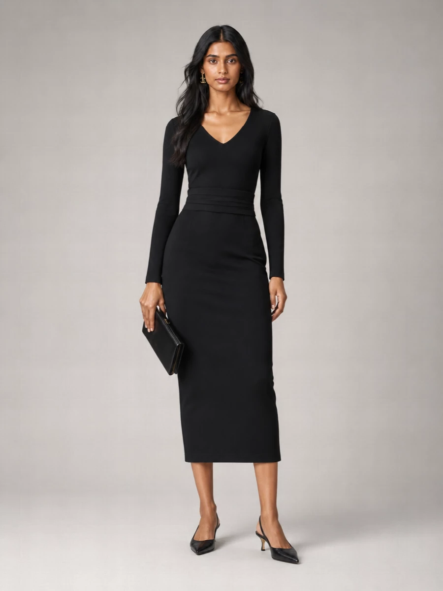 Dolce&Gabbana Wool Crepe Long-Sleeve Midi Dress