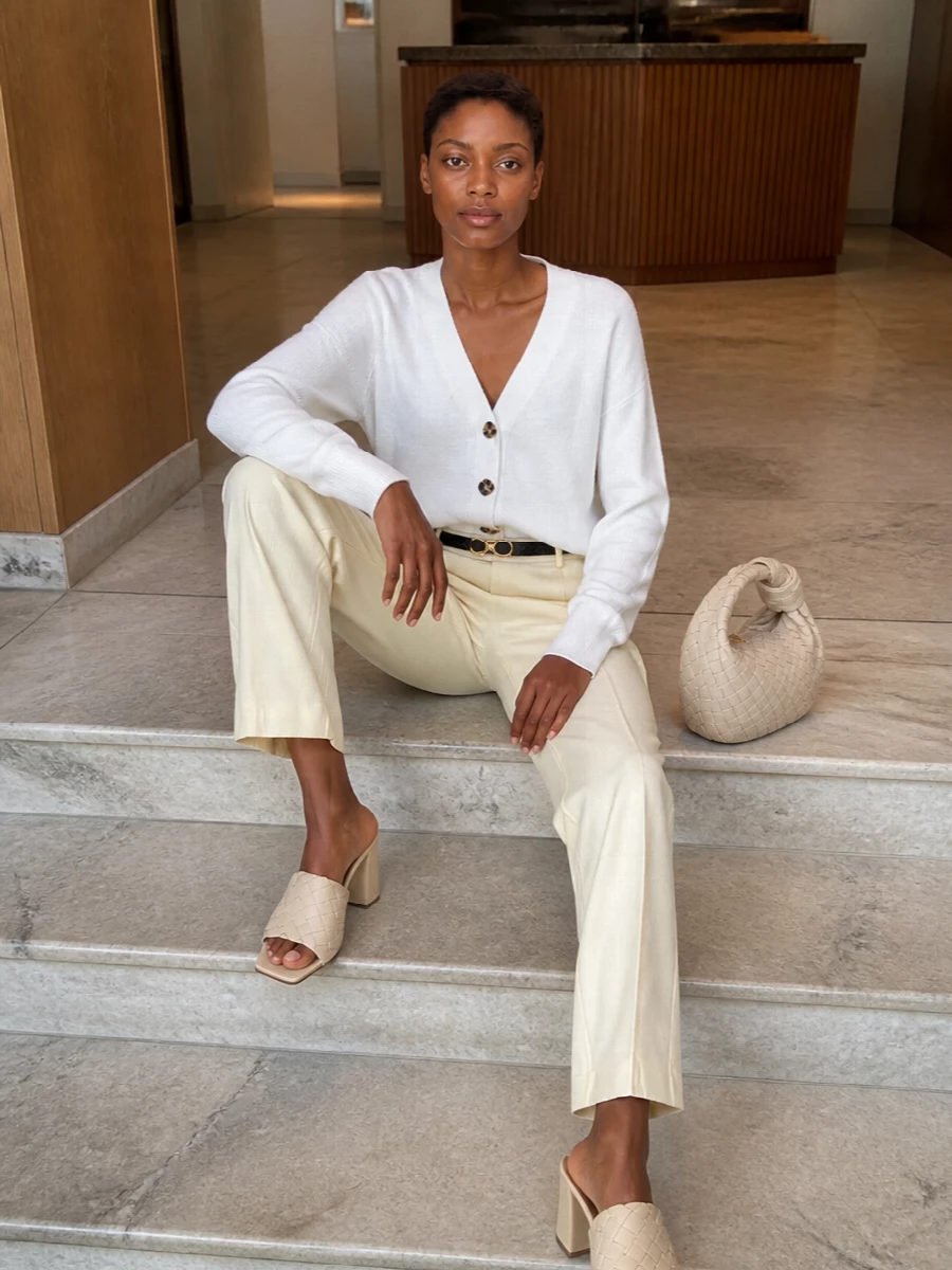 Bottega veneta cardigan cream tailored trousers outfit