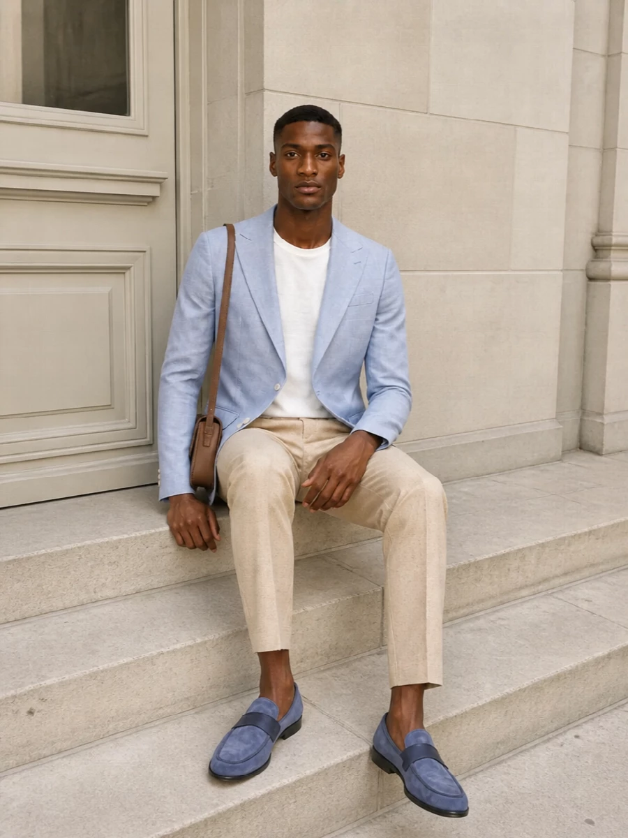 Pale blue tailoring meets sun-soft neutrals for a quietly polished summer ensemble that feels composed without stiffness. Light stone and beige ground the airy blazer and slate loafers, while the tan leather bag adds just enough warmth for daytime city terraces or coastal dinners.
