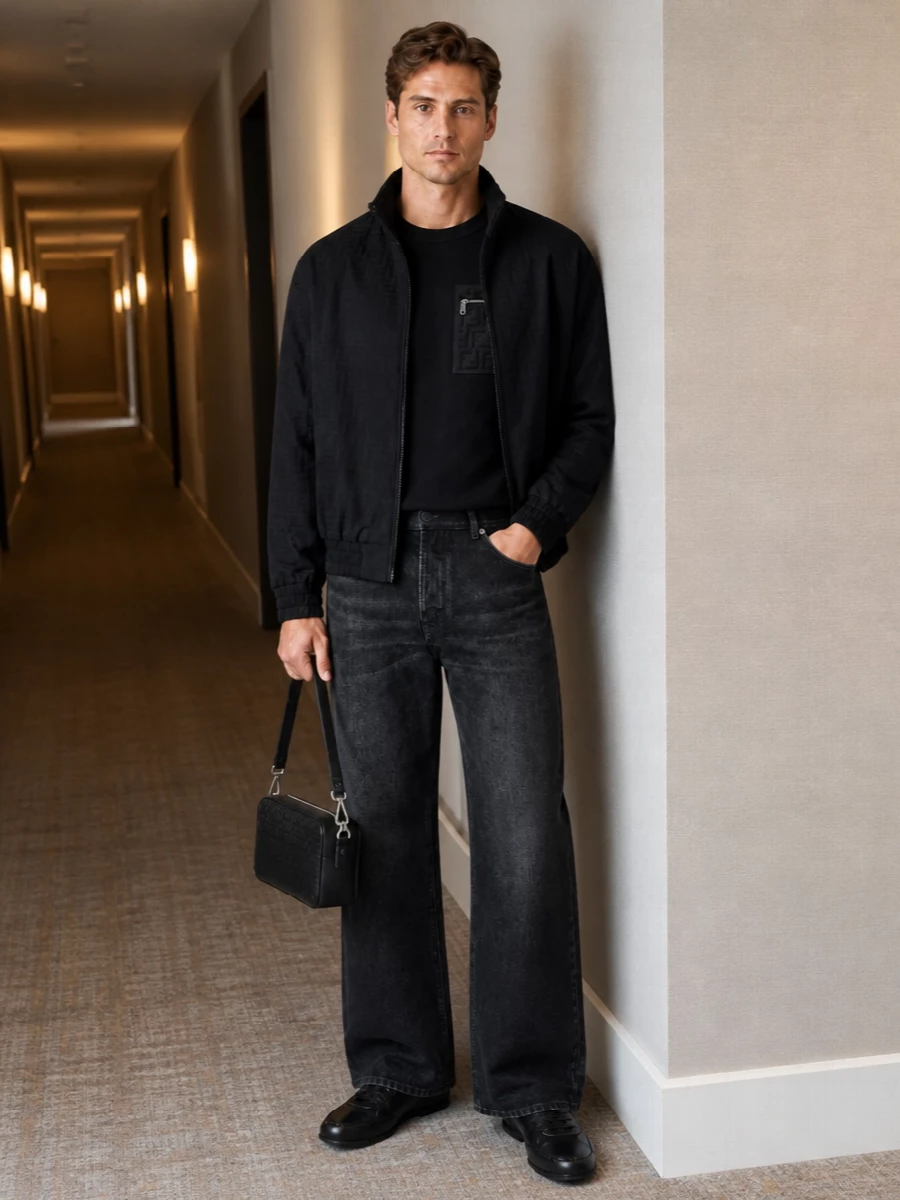 Fendi black blouson wide leg jeans sneakers