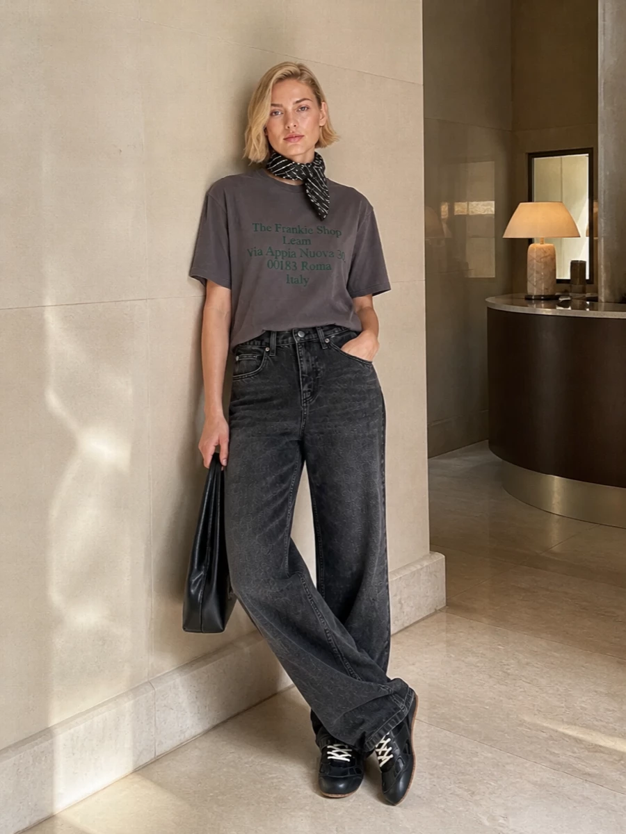 A washed logo tee meets high-rise charcoal denim for a relaxed, Rome-meets-downtown uniform. Charcoal lace-up sneakers and a soft black shoulder bag keep the palette tight and graphic, with a striped scarf adding just enough detail at the neckline. Wear the tee half-tucked to show the waist and keep the proportions clean around the straight wide leg.