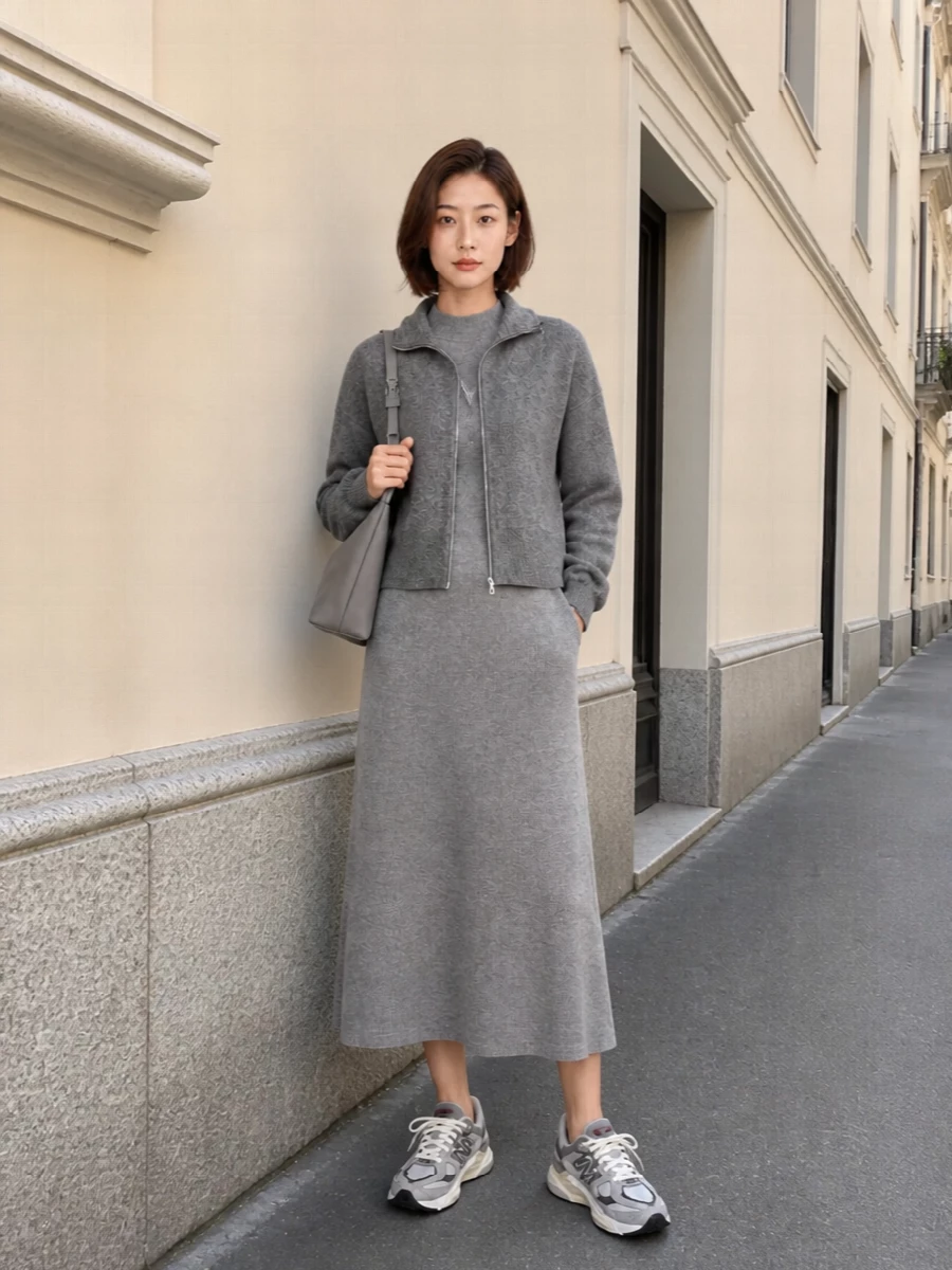 I’m styling the charcoal Extreme Cashmere zip-up as outerwear over a single knit dress rather than more separates, so the silhouette stays clean and the double-knit story feels intentional. The Fabiana Filippi ribbed midi gives a soft column for the cropped zip-up to frame, while grey New Balance runners keep the sport note coherent rather than overtly athletic. A cool-grey Longchamp shoulder bag finishes it quietly, keeping everything in the same hushed, city-ready palette without tipping into loungewear.