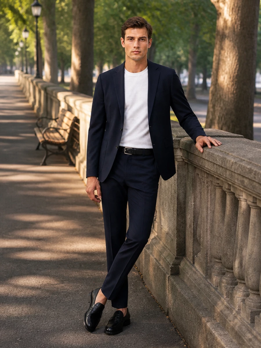 Boss navy suit black loafers briefcase
