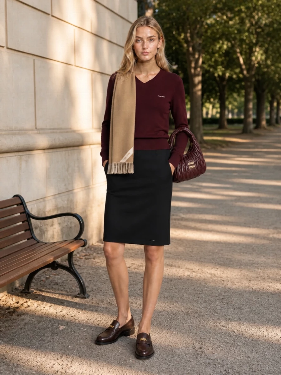 Miu miu burgundy sweater black skirt outfit
