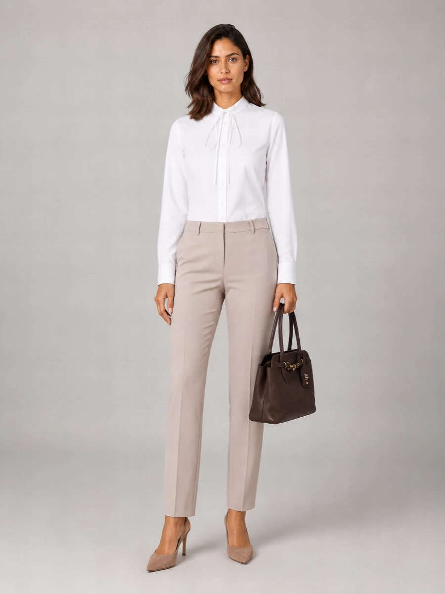 A crisp white tie-neck shirt meets warm beige tailoring for a pared-back, boardroom-ready pairing that still feels softly feminine. Taupe suede heels and a structured chocolate top-handle add depth without breaking the minimalist, neutral story. The result is precise, quiet and fully polished for day into dinner refinement.