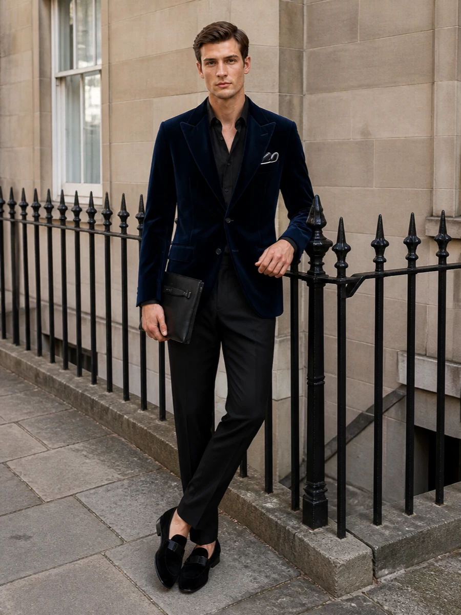 Lardini velvet blazer black trousers outfit