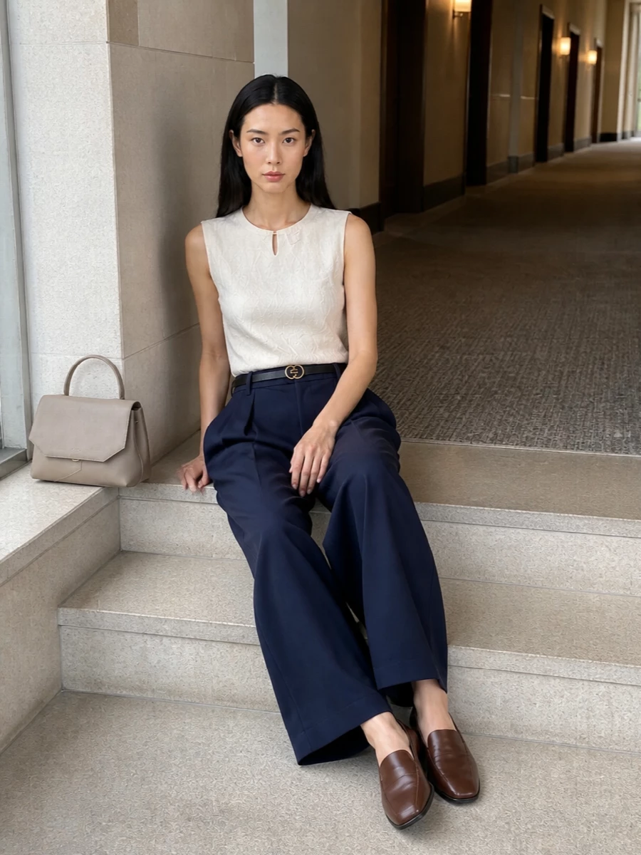 Alysi navy wide leg trousers ivory shell