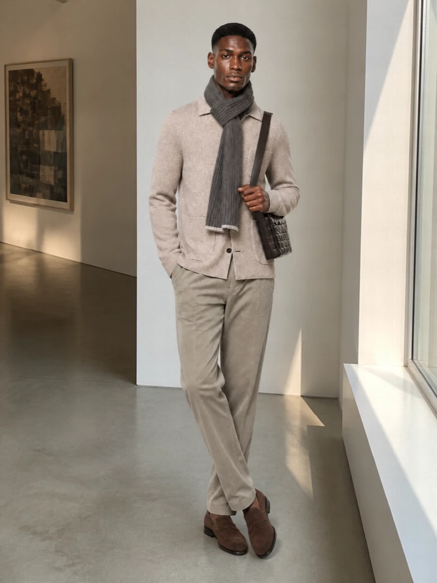 Lardini taupe cardigan brunello cucinelli trouser