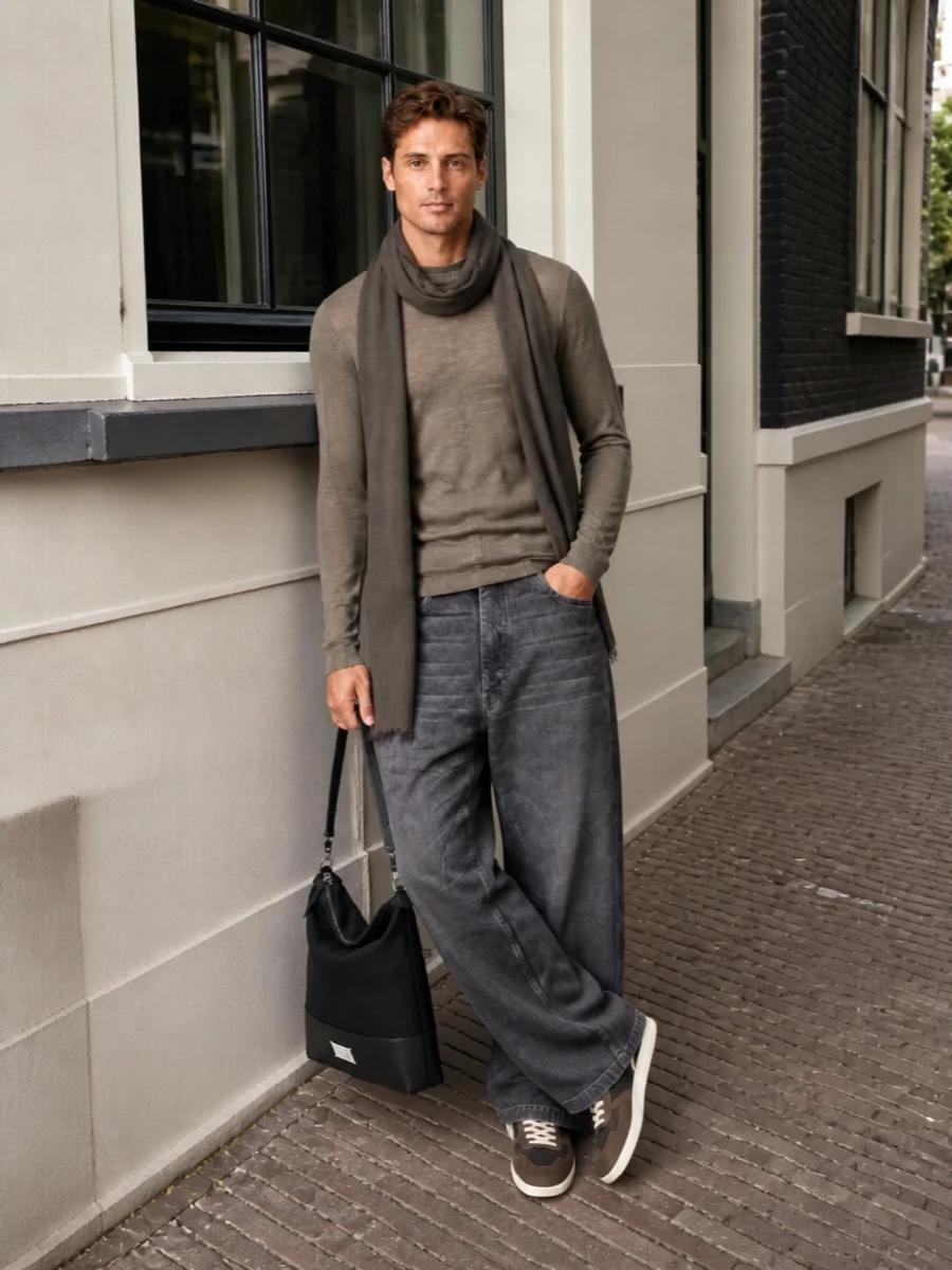 The sheer mushroom Rick knit sits clean against loose, faded charcoal wide-leg denim for a soft, elongated line. Taupe and black low-top sneakers and a structured black Margiela hobo keep the mood quietly technical rather than sporty. A charcoal-brown Rick scarf layers in just enough texture to hold the palette together without breaking the minimalism.