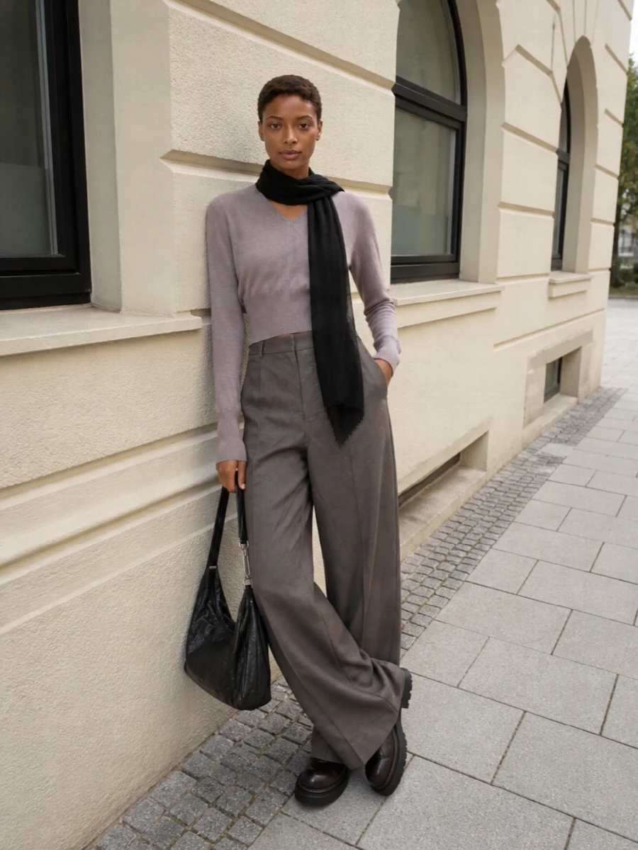 Rick owens taupe knit wide leg trousers outfit