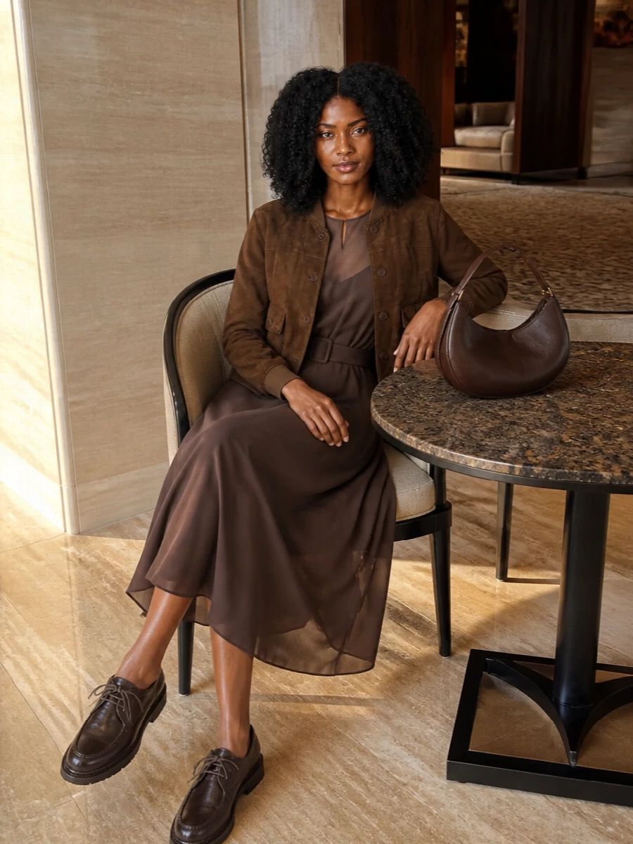 Parosh brown bomber chocolate midi dress outfit