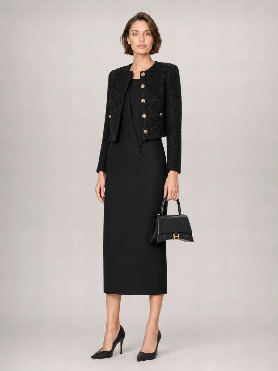 I’m styling the cropped Balenciaga bouclé jacket over the black tailored midi shift, treating the dress as a deconstructed blazer base for a precise, all‑black column. The sharp pointed pumps and mini Hourglass bag keep everything streamlined and polished, ideal for evening events where you want couture weight and quiet confidence rather than overt drama.