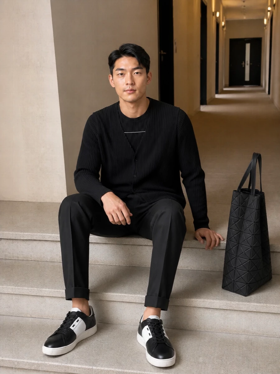 Issey miyake pleated vest charcoal trousers sneakers