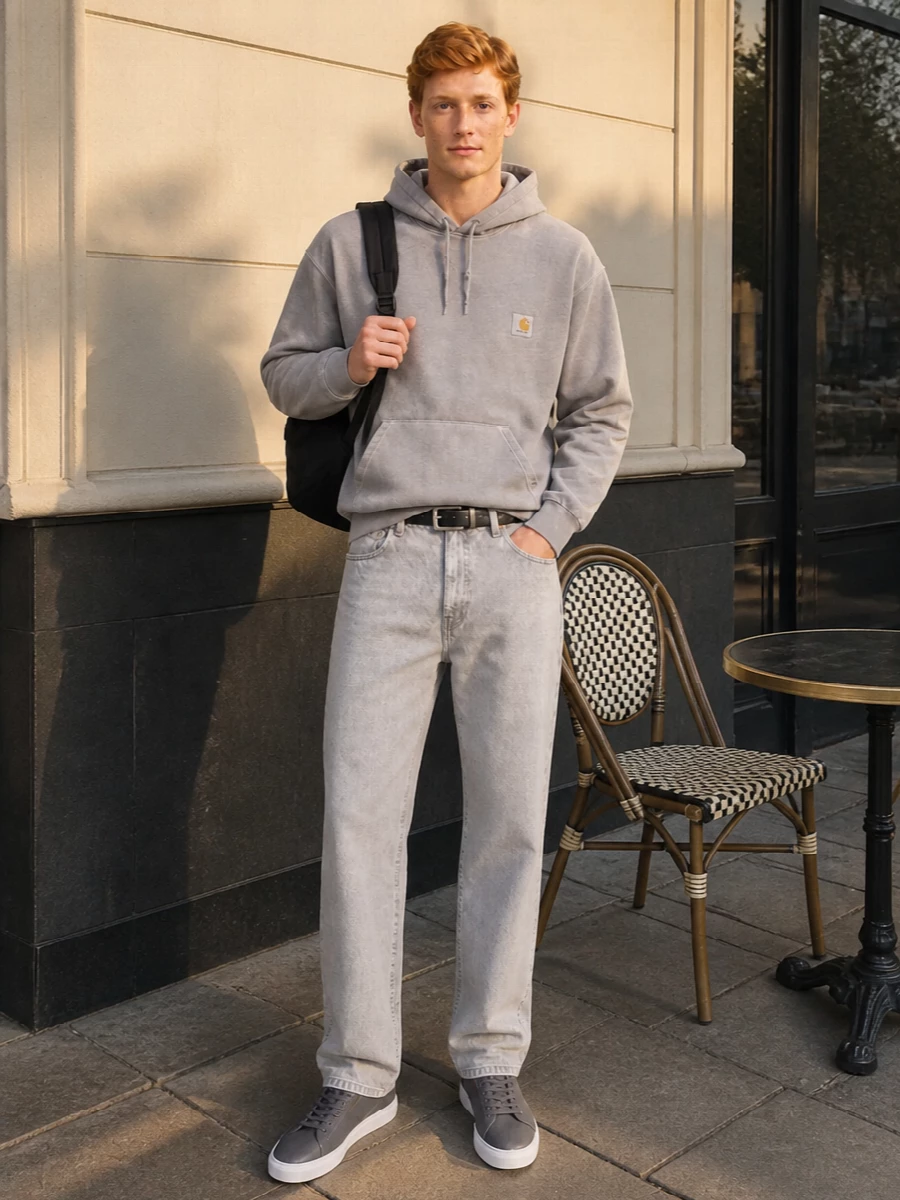 Carhartt grey hoodie jeans axel arigato sneakers