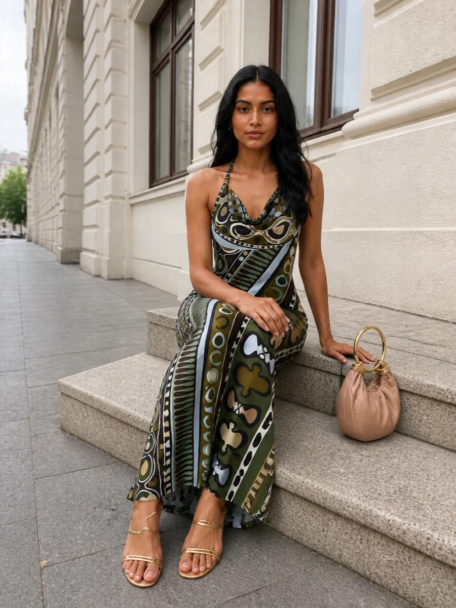 Pucci’s graphic halter dress stays the star, framed by gleaming Aquazzura gold straps and a softly structured Chloé crescent in blush leather. The mix of warm metallics, earthy tones and fluid shapes leans into a jet-set boho mood that still feels cocktail-ready. It is an easy poolside-to-rooftop combination that reads sensual without feeling over-styled.