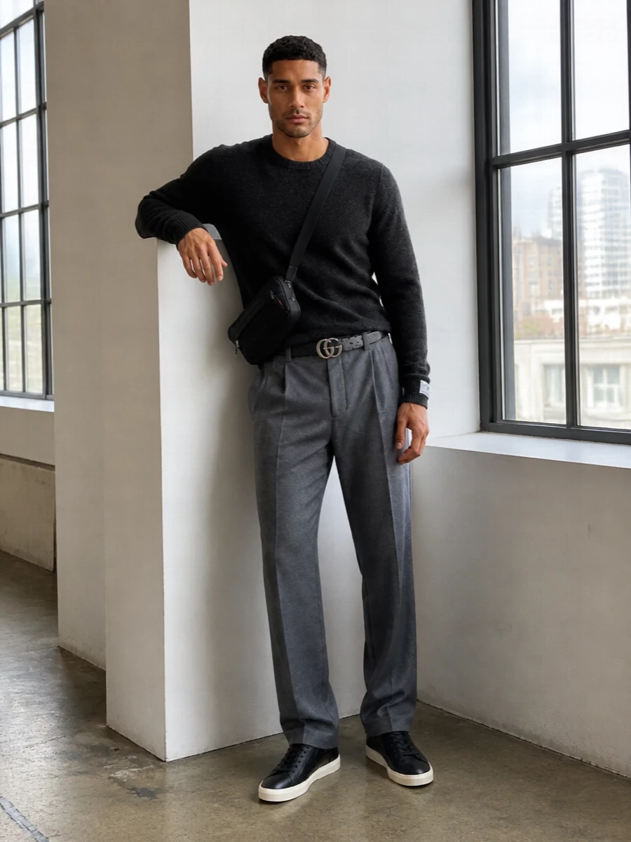 Golden goose grey trousers charcoal sweater outfit
