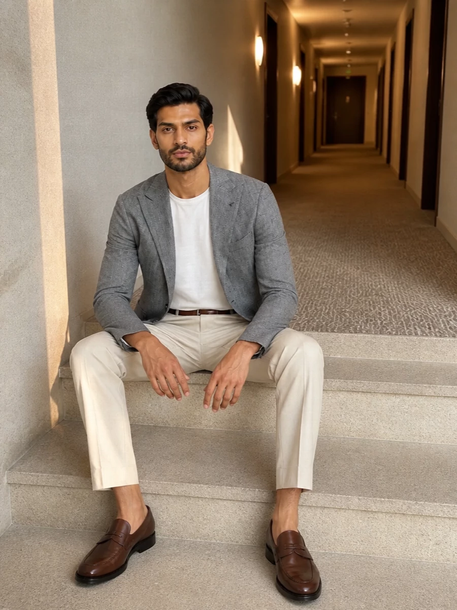 Tagliatore grey blazer beige trousers loafers