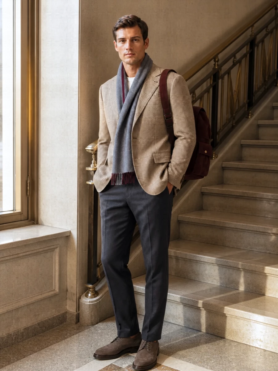 Brunello cucinelli camel blazer charcoal trousers