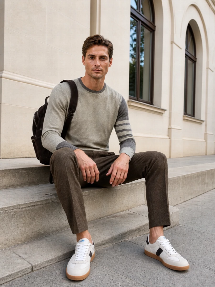A quietly preppy take on city casual, built around warm browns and soft taupes that echo the gum-soled sneakers. The Thom Browne knit and Pt Torino trouser keep the line tailored but not stiff, so the sneakers read intentional rather than sporty. The suede backpack finishes it with relaxed sophistication that still feels ready for dinners, travel days, or an understated office.