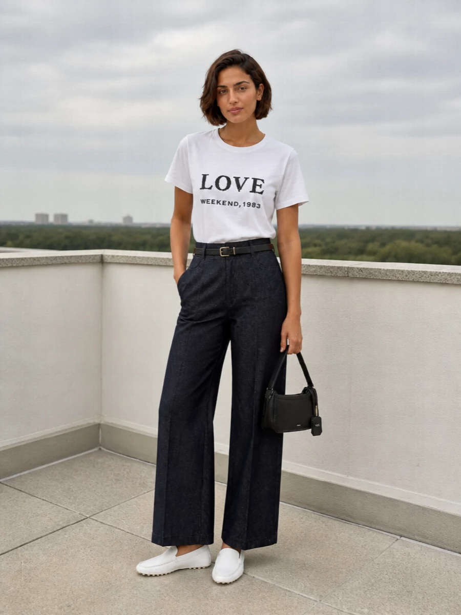 Max mara tee wide leg jeans white loafers