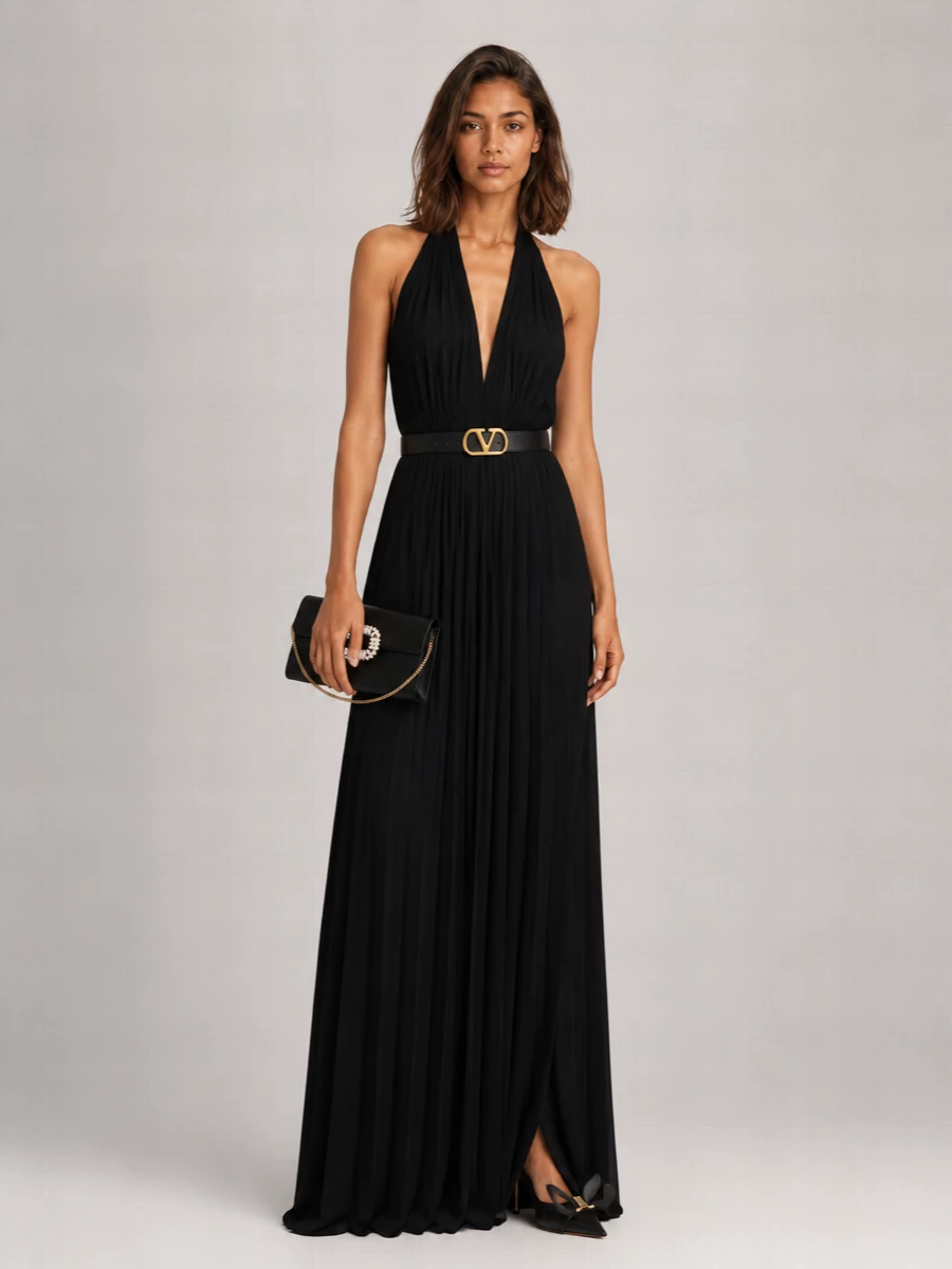 Elisabetta Franchi Velvet Hooded Deep V-Neck Backless Pleated Maxi Dress