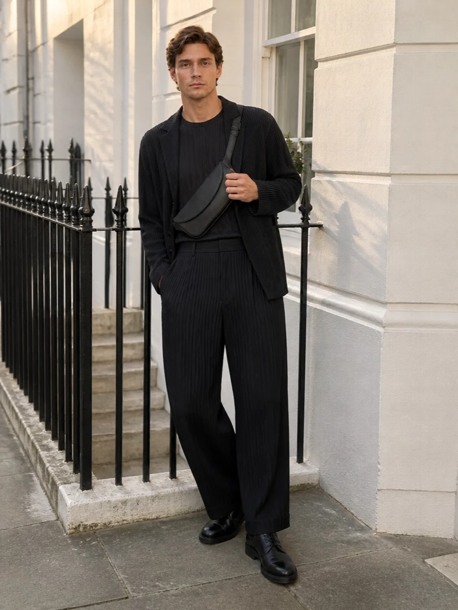 A monochrome Homme Plissé column sets the base, with a pleated blazer and high-rise wide trouser carving a long, fluid line in black and charcoal. A low-profile derby and sleek curved shoulder bag keep the mood quietly tailored, perfect for gallery days that slide into late evenings without a change. Every element stays disciplined so the pleats and proportion do the talking.