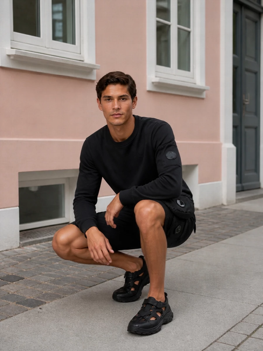 A monochrome, technical C.P. Company base meets a sculptural Y-3 sandal-runner for a city-ready take on swim cargo shorts. The washed black long-sleeve and matching belt bag keep the profile tight and urban, with subtle lens details tying everything together. It is sporty enough for daytime movement yet considered enough for low-key evenings on the boardwalk.