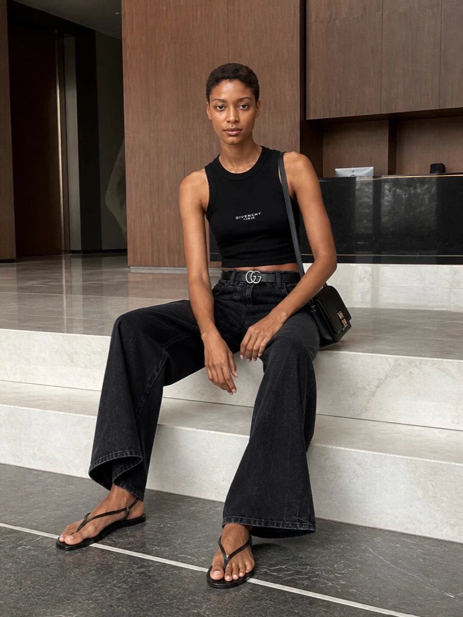 Givenchy black crop top wide leg trousers outfit