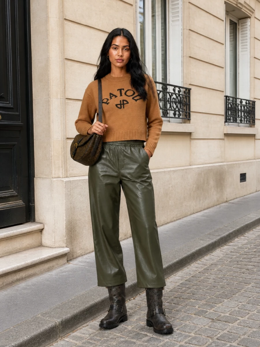 This is a low-key Parisian streetwear ensemble built around warm camel, deep olive and dark leather, letting the leopard bag stay tactile rather than loud. The cropped Patou sweatshirt and relaxed Mm6 joggers create an easy, off-duty silhouette that still reads considered, with the structured biker boots adding just enough attitude. I chose the top and bottom route over a dress to echo the bag’s city-errand energy and keep the whole outfit versatile from daytime errands to casual drinks.