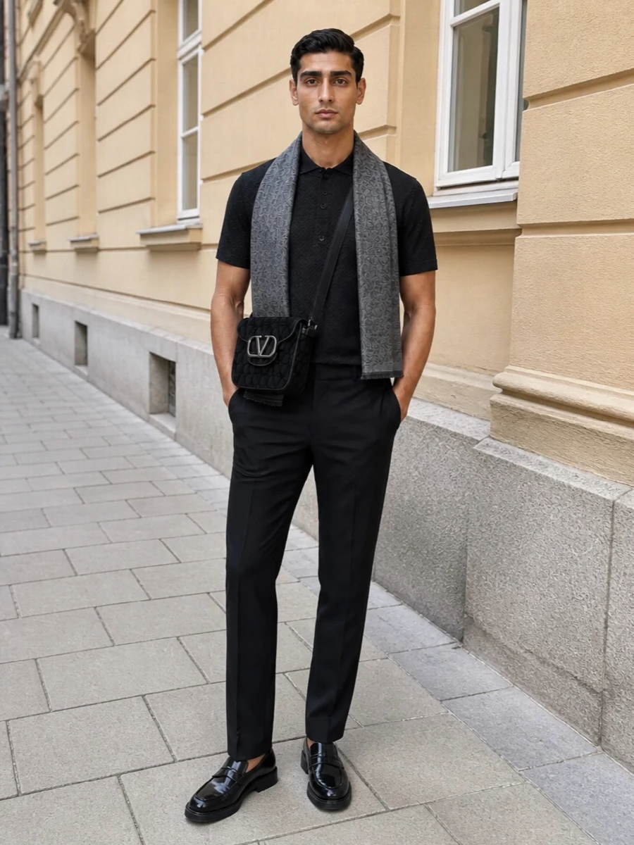 Casablanca polo black trousers prada loafers