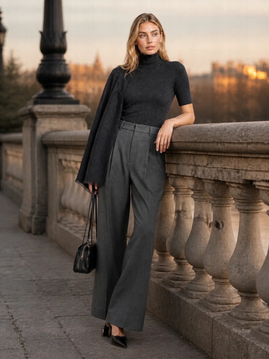 Jacquemus turtleneck wide leg trousers outfit