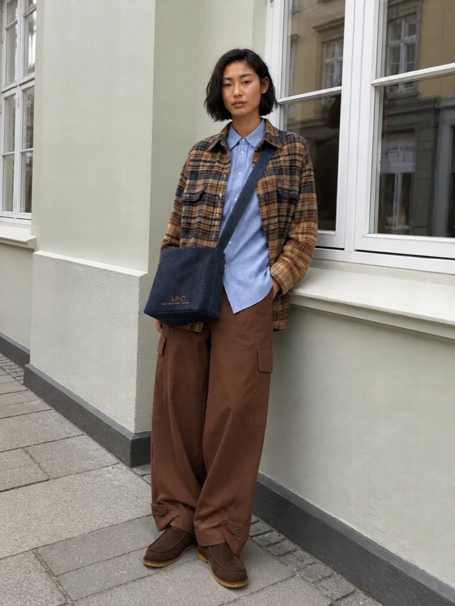 R13 plaid shacket cargo trousers shearling boots