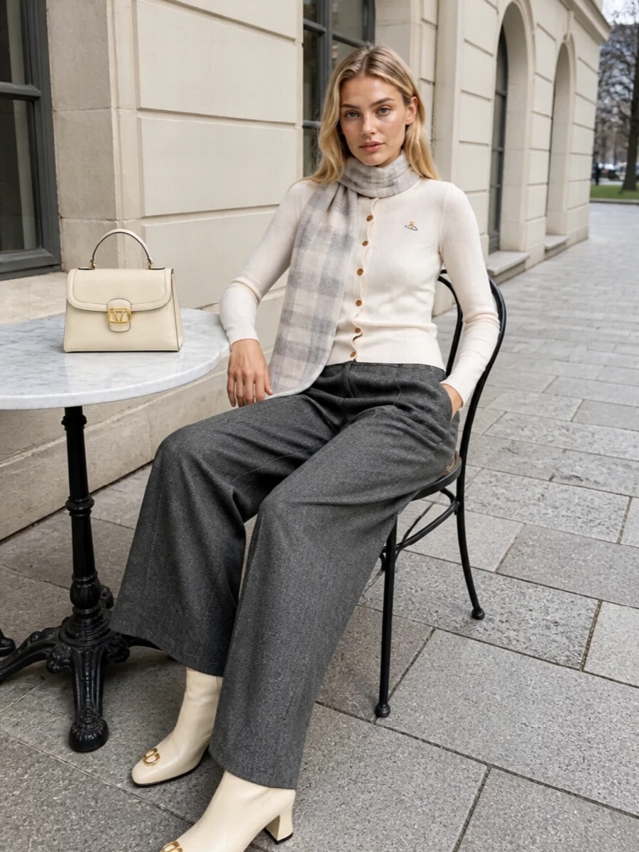 Vivienne westwood cardigan wide leg trousers outfit