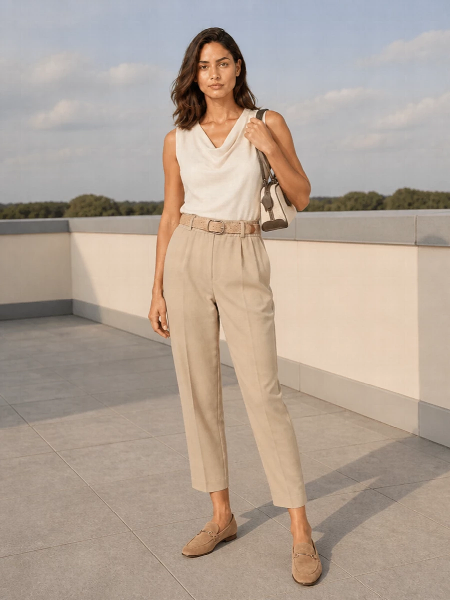 Italian beige cropped trousers cowl neck outfit