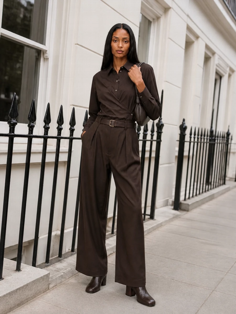 Lemaire brown wide leg trousers wrap shirt outfit