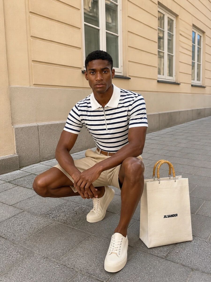 A striped Jil Sander polo meets sand pleated Bermudas for a precise take on warm-weather prep. Creamy sculptural sneakers and the off-white bamboo-handled tote keep the palette light, modern and quietly nautical. A camel suede belt finishes the outfit with a soft, tonal accent rather than a hard contrast.