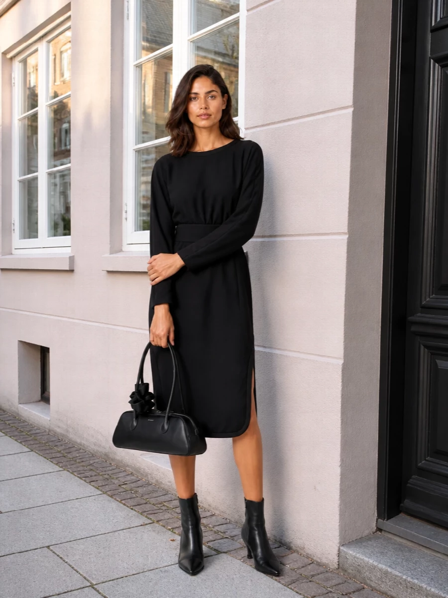 This is a sharply composed monochrome evening ensemble built around the Dries Van Noten belted sheath, Totême’s clean ankle boot and a refined black shoulder bag. The long, sculpted lines and restrained detailing keep everything in the realm of quiet luxury, while the side slit and precise tailoring give just enough movement and presence. Choosing the dress route over tailoring keeps the message focused and modern, like a streamlined cocktail uniform that slips from gallery openings to late dinners without a change of base.