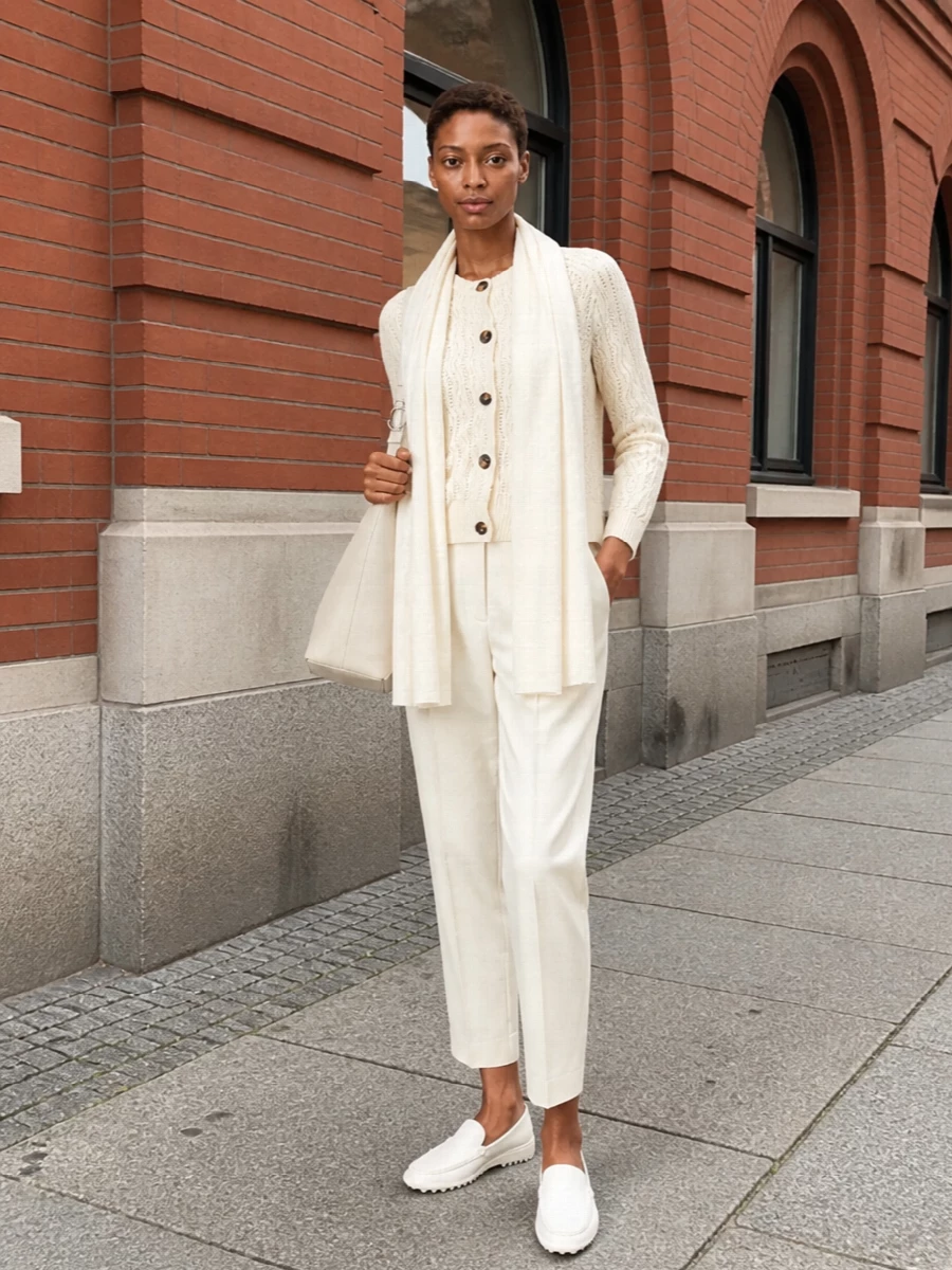 A tonal buttercream palette keeps this outfit soft and composed, with the textured cardigan and pleated trousers creating a clean, elongated line. White leather loafers and a matching neutral tote sharpen the mood just enough, staying relaxed but considered for spring and summer days. The light scarf adds a quiet layer of texture and sophistication without crowding the simplicity.