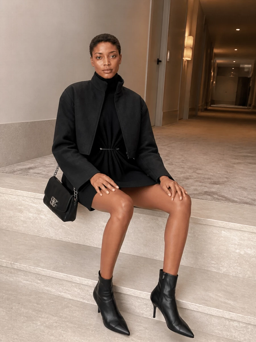 Balenciaga cropped jacket ribbed mini dress outfit