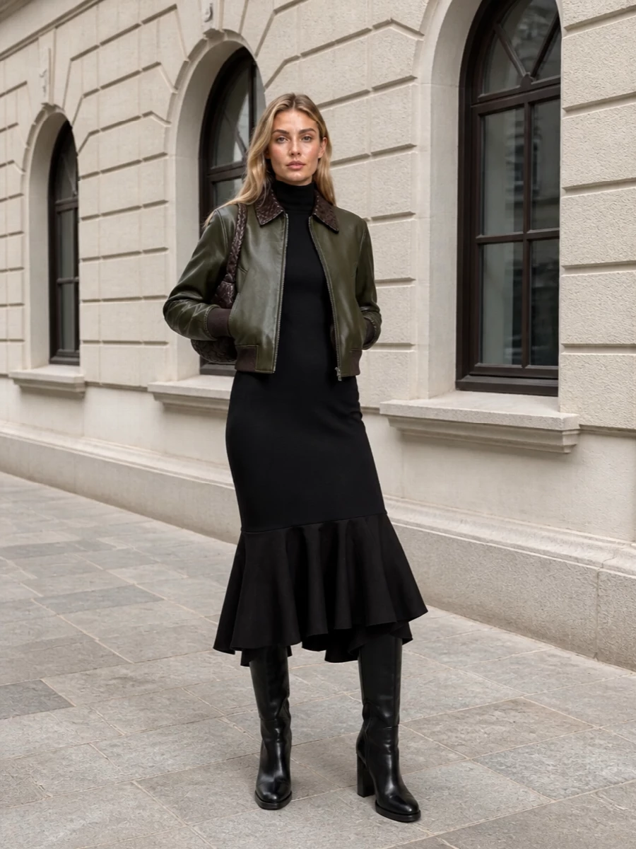 Bottega veneta bomber black knit midi dress