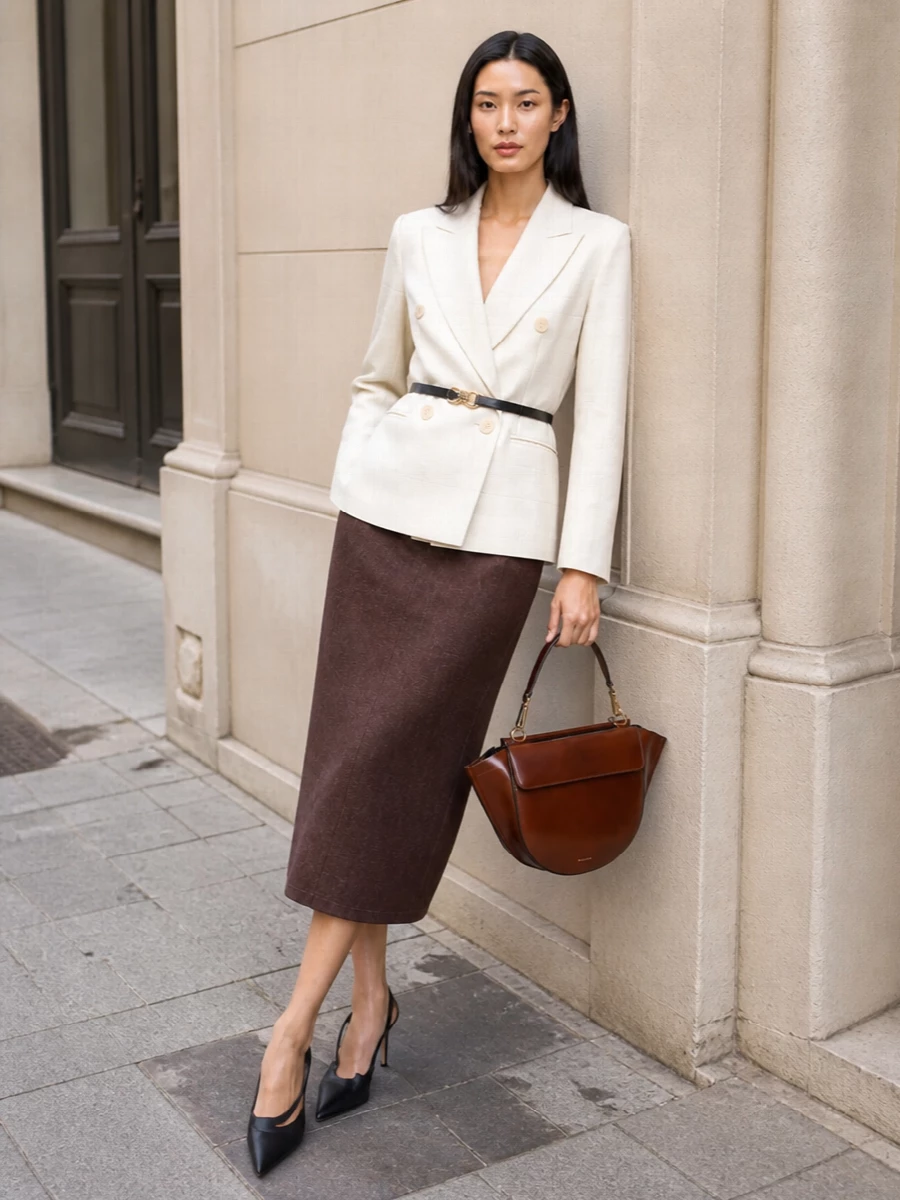 The look centers on the chocolate Max Mara pencil skirt, sharpened with a clean ivory double-breasted blazer for a light-against-dark, quietly luxurious SS palette. Black pointed satin mules and a cognac sculptural top-handle bag keep the lines elongated and refined, while a slim black belt adds just enough definition at the waist for a composed, boardroom-to-dinner silhouette.