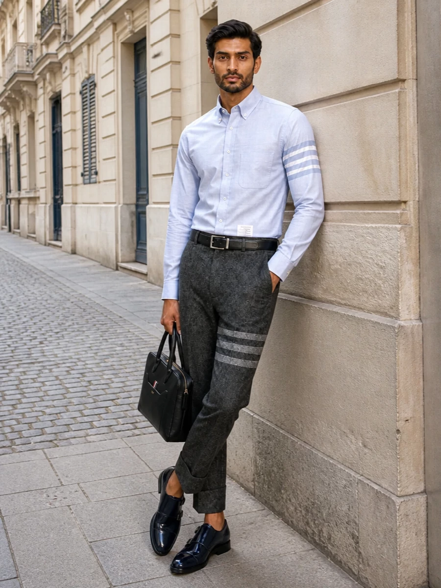 Thom browne cropped trousers oxford shirt outfit