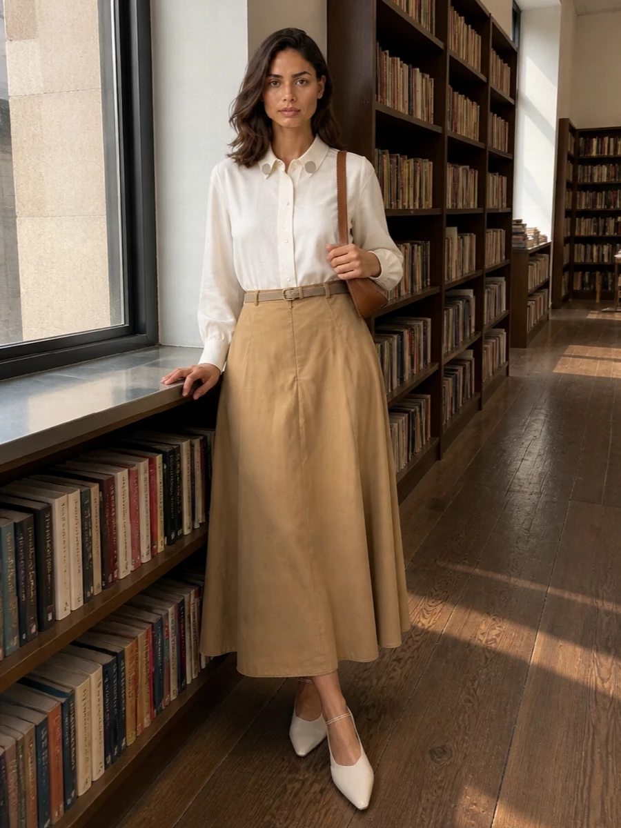 Jil sander camel midi skirt ivory shirt outfit