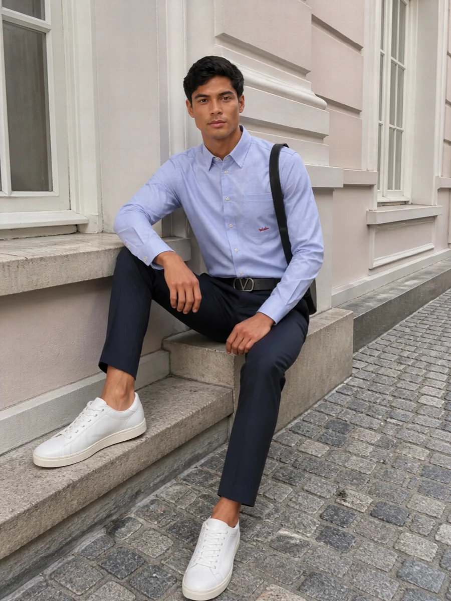 Valentino striped shirt navy trousers white sneakers