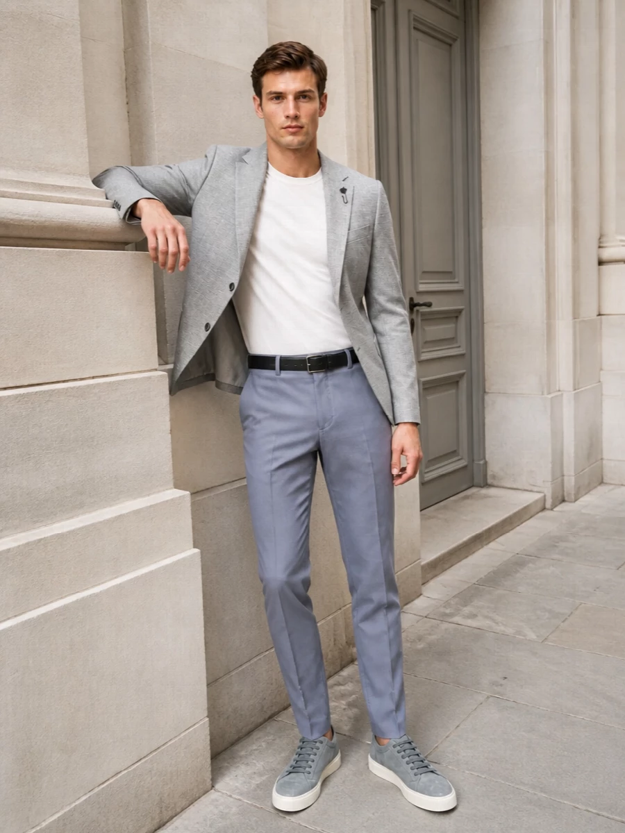 Lardini grey blazer slate blue trousers prada bag