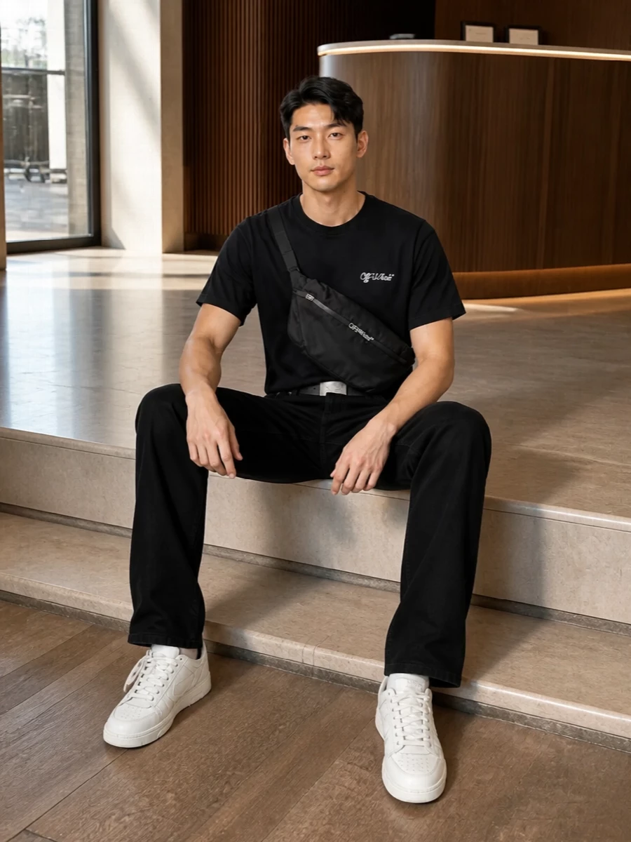 Off white black tee with black jeans sneakers
