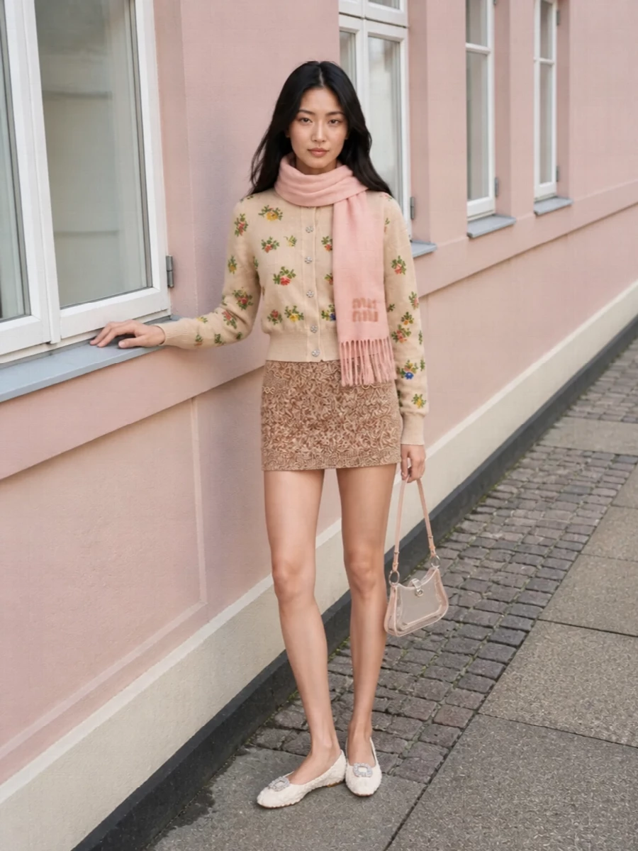 A softly romantic cardigan meets a speckled camel knit mini for a leggy, polished take on quiet luxury. Crystal-detailed flats and a sheer blush shoulder bag echo the cardigan’s jeweled flowers, keeping the palette warm, light and harmonious. A blush scarf finishes the story with gentle color and texture for cool-city days.