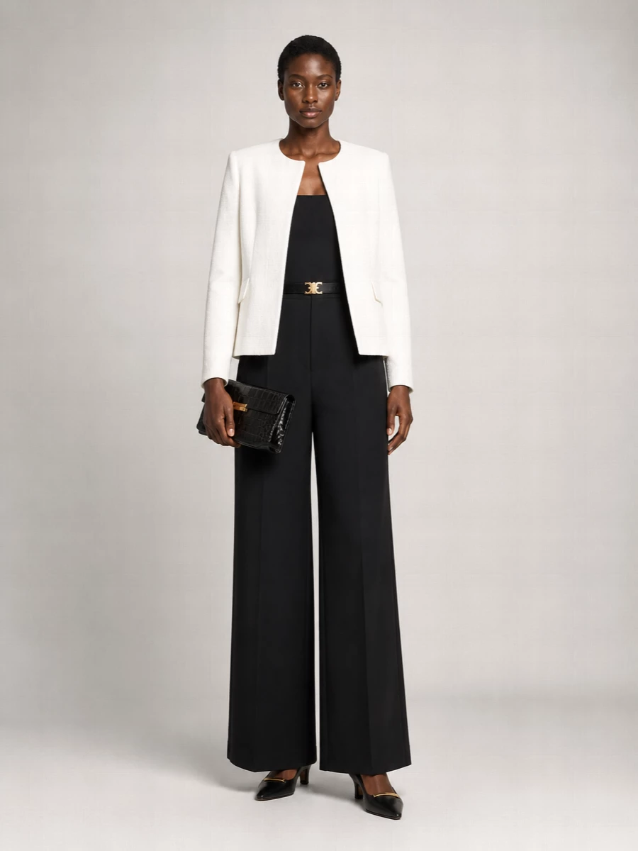 A strapless black column is sharpened with a sculpted Celine belt and grounded by pointed black slingbacks for a quietly decisive evening presence. The textured ivory Totême jacket introduces a soft tonal contrast that still feels graphic, while the croc-effect clutch and touches of gold keep the mood rich but understated. It is modern black-tie dressing for nights when you want impact with almost no visible effort.