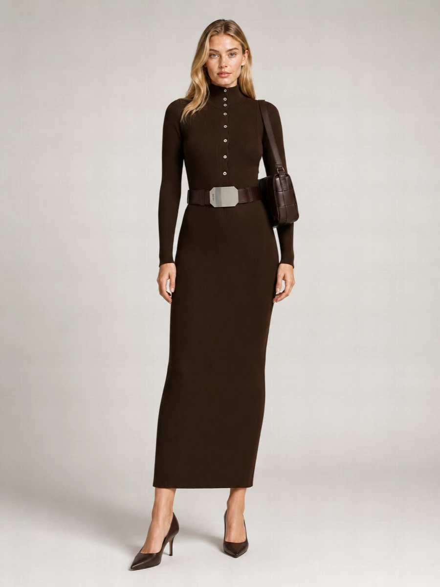 Tom Ford Cashmere Ribbed High-Neck Long-Sleeve Midi Dress