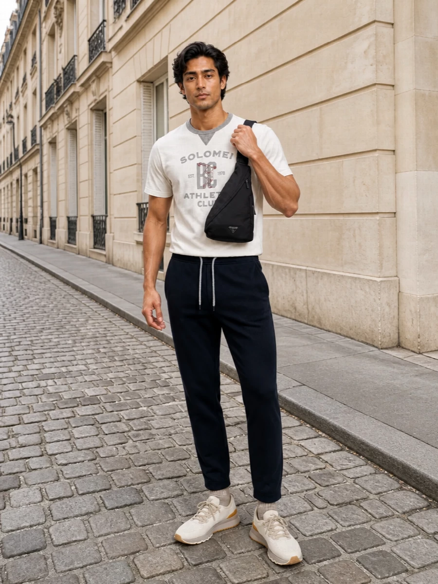 Brunello cucinelli navy track pants graphic tee